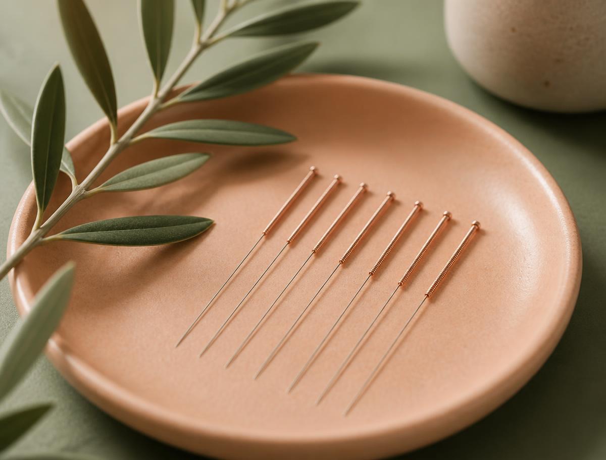 Sterile acupuncture needles on a peach tray with olive leaves