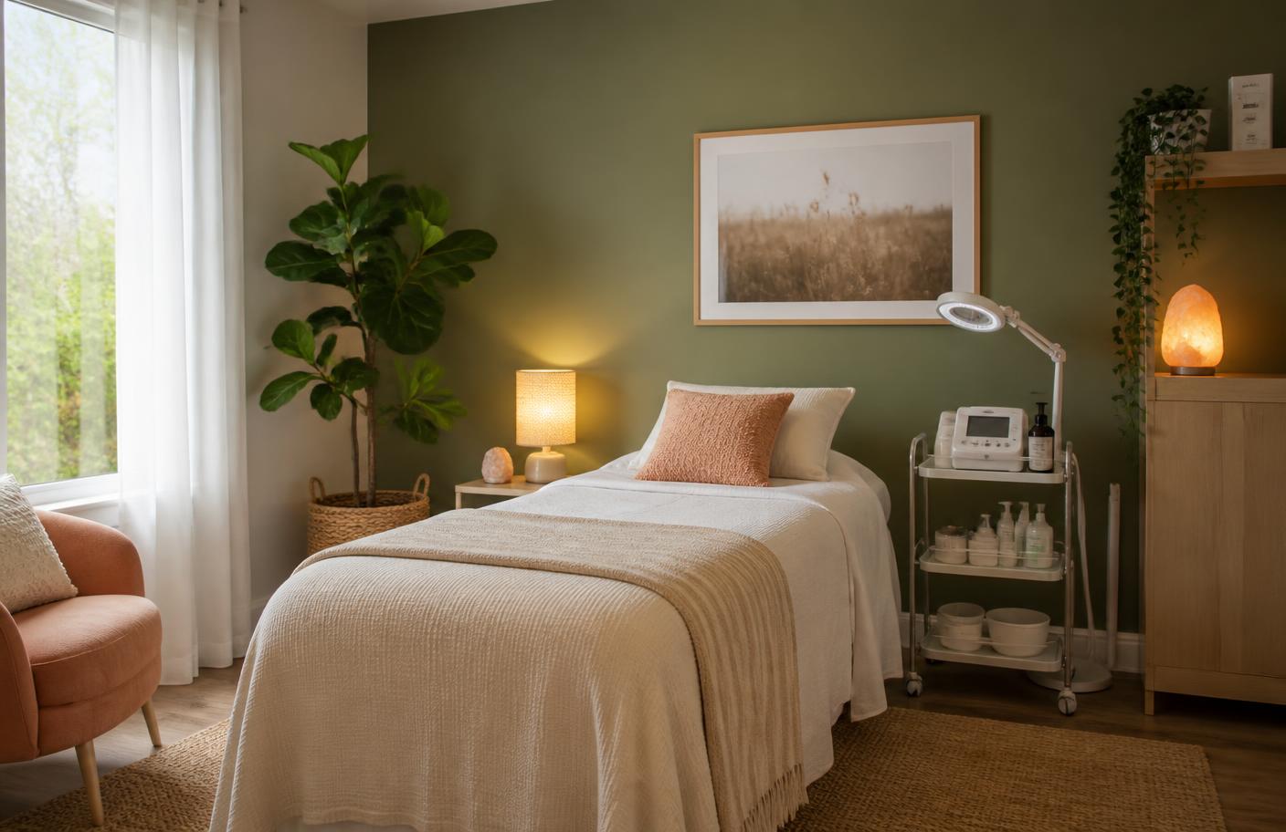 Calm treatment room with olive green walls and peach cushions